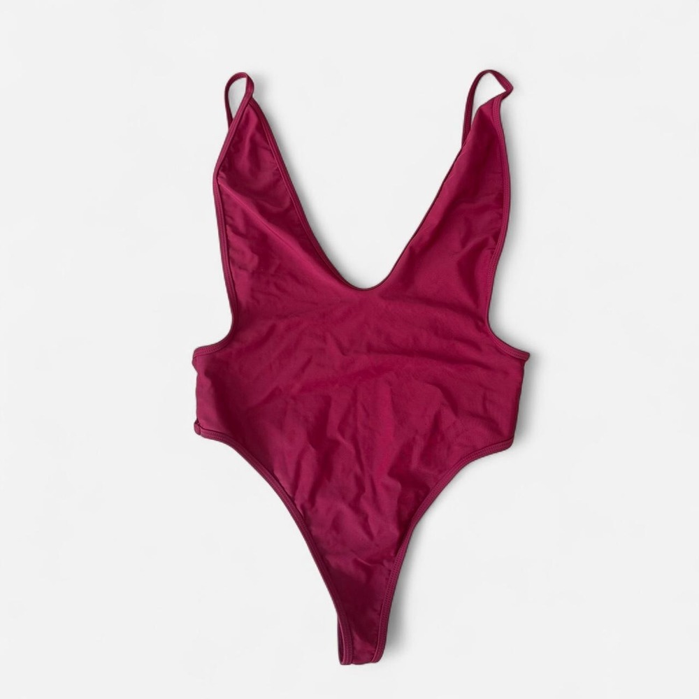 Shekini red burgundy cheeky thong deep v plunge  one piece swimsuit